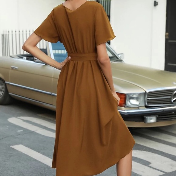 V neck flutter short sleeve faux wrap midi dress - Picture 5 of 16
